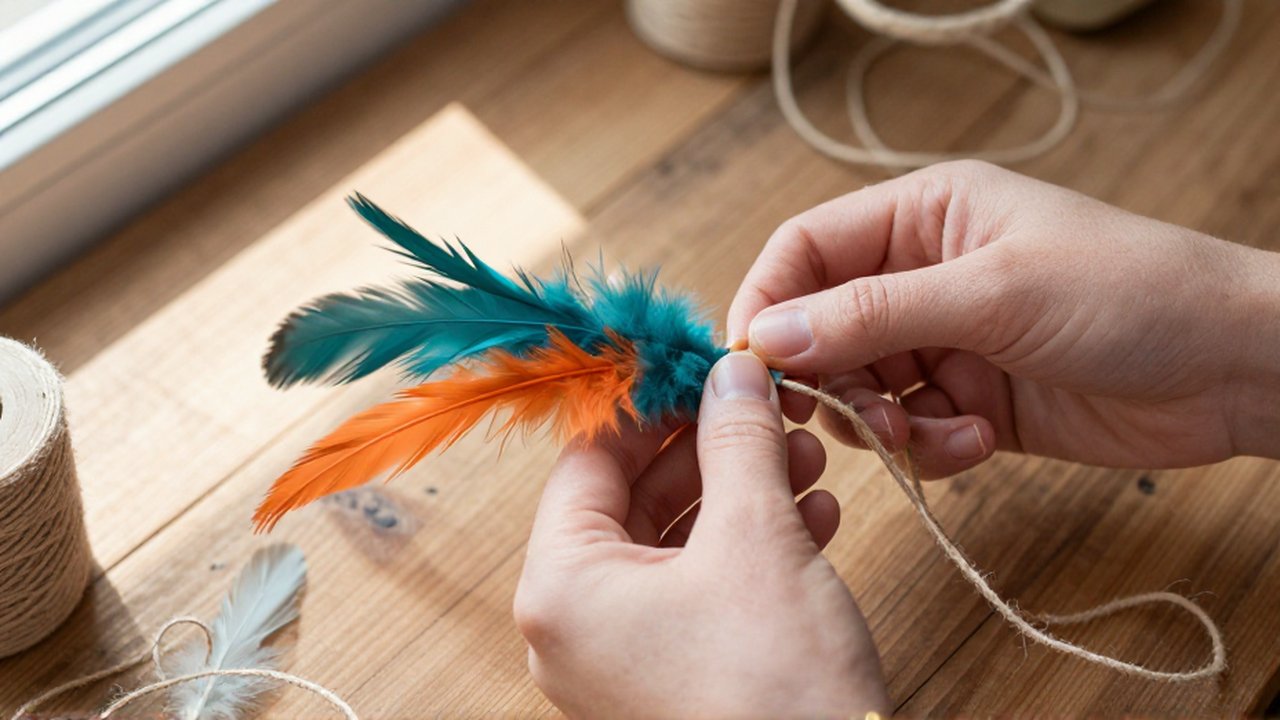 Unas manos atan plumas de colores a un cordel de yute sobre una mesa de madera.