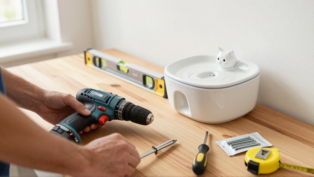 Manos organizando herramientas de bricolaje sobre una mesa de madera junto a una fuente de agua para gatos.