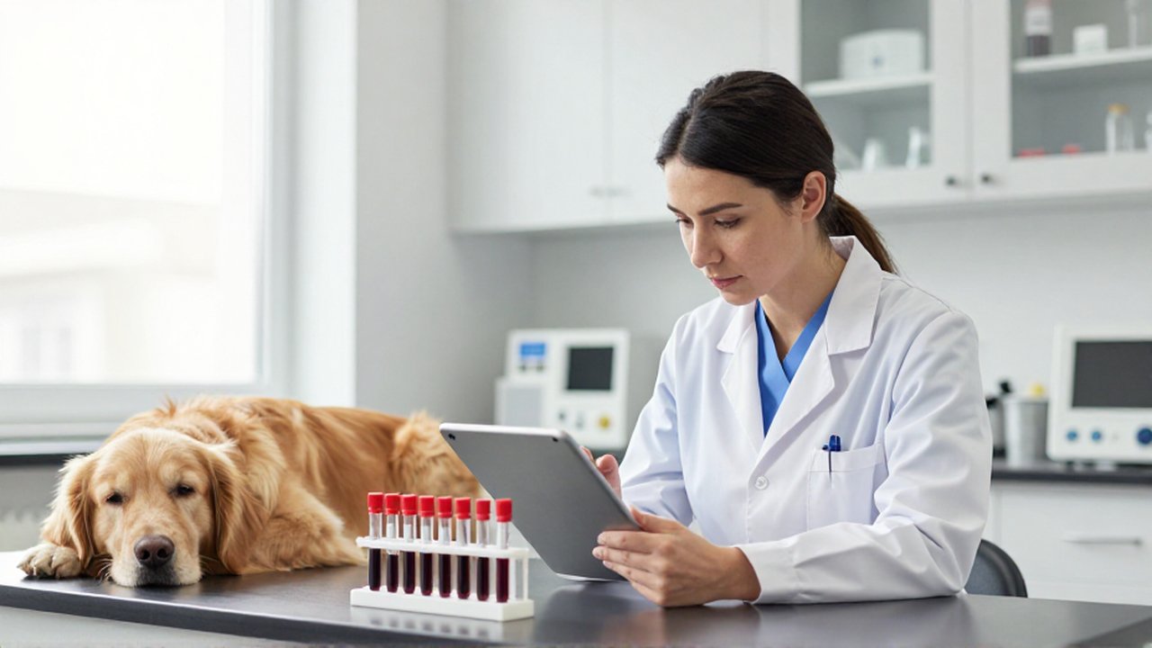 Veterinario examinando análisis de sangre con una tableta digital mientras un perro descansa cerca.