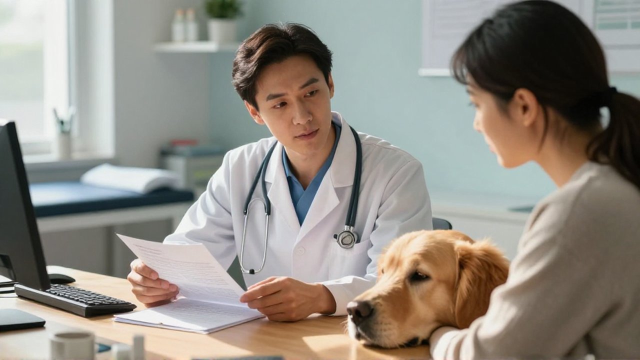 Un veterinario explica un informe a una dueña de mascota mientras un perro descansa tranquilamente.