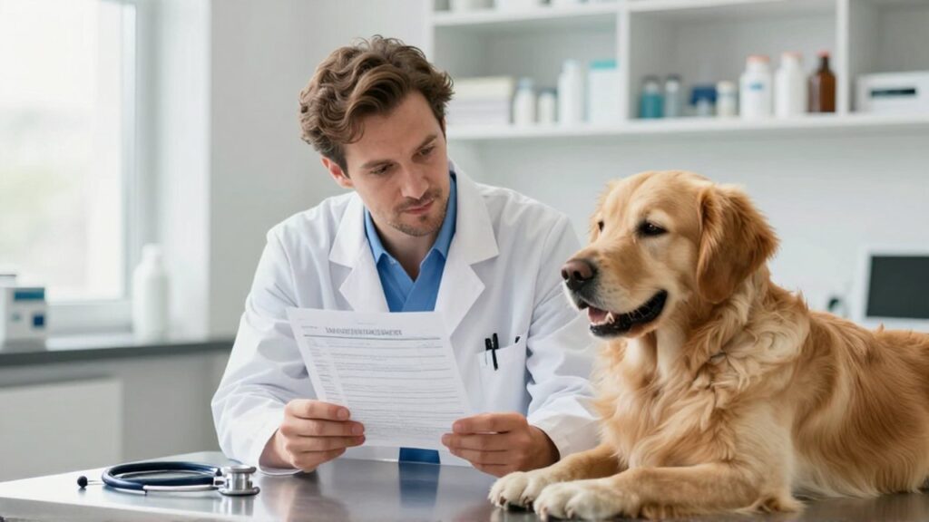 Veterinario con bata blanca revisa un informe médico junto a un Golden Retriever en una clínica.