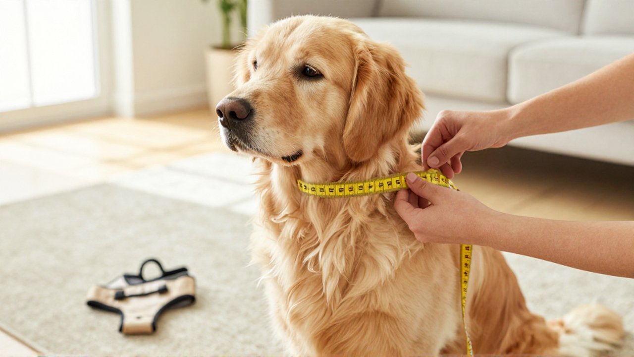Unas manos miden el contorno del pecho de un Golden Retriever con una cinta métrica amarilla.