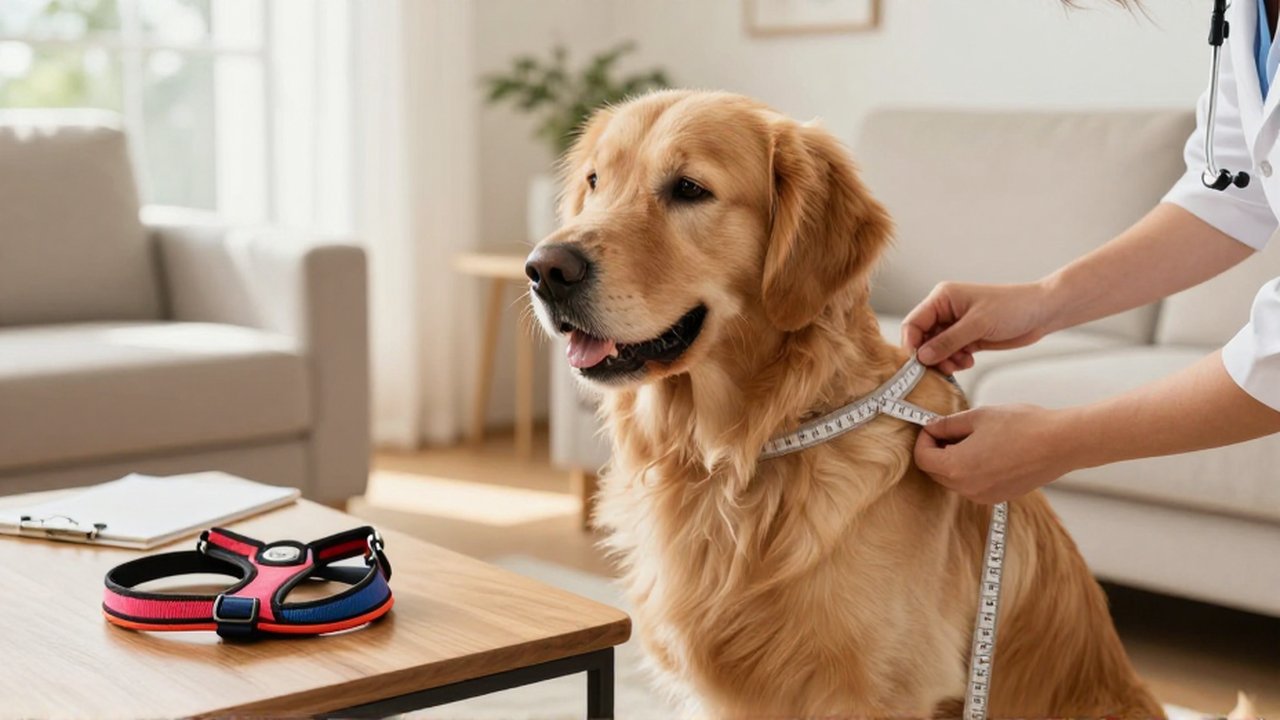 Manos midiendo con una cinta el contorno del pecho de un Golden Retriever en una sala iluminada.