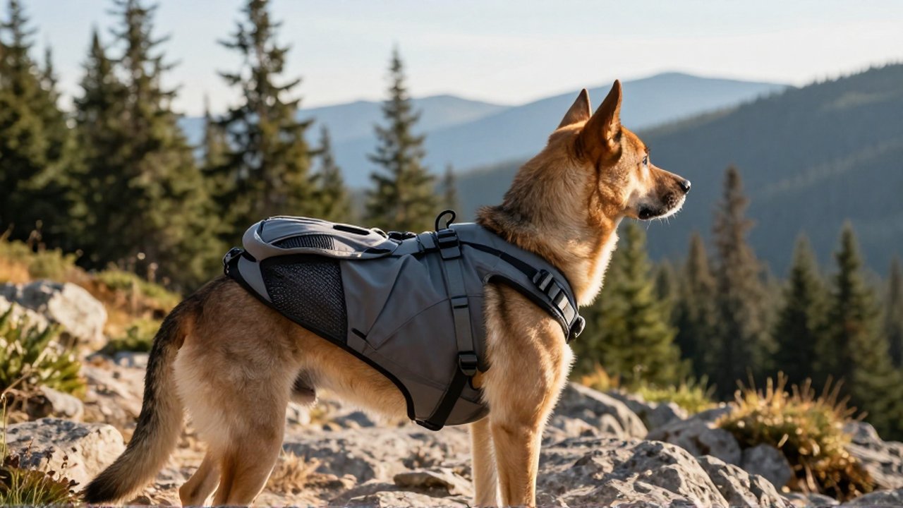 Perro atlético con mochila técnica de senderismo mirando hacia un paisaje montañoso.