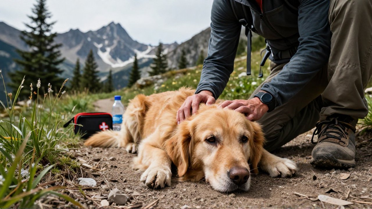 Un excursionista socorre a un Golden Retriever que parece enfermo en un sendero de montaña.