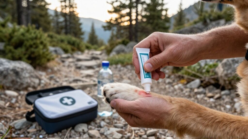 Una mano aplica crema antiséptica sobre la picadura de un insecto en la pata de un perro durante una excursión.