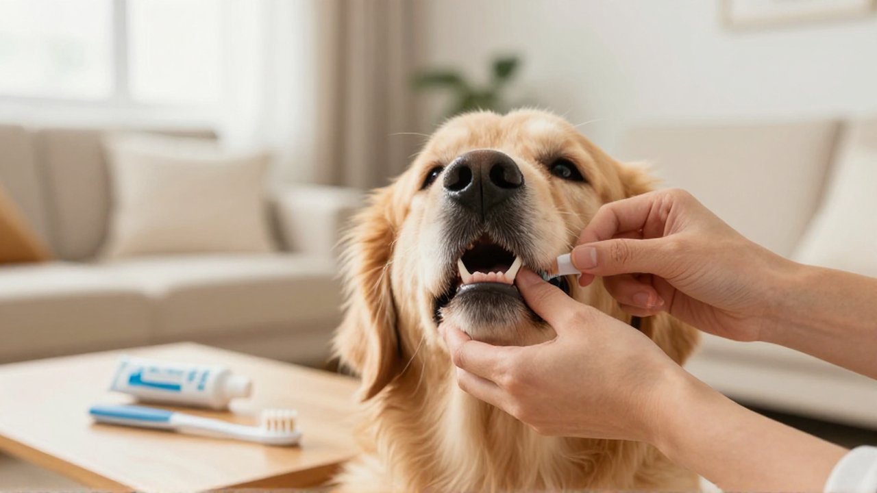 Manos de una persona revisando cuidadosamente los dientes de un golden retriever en casa.