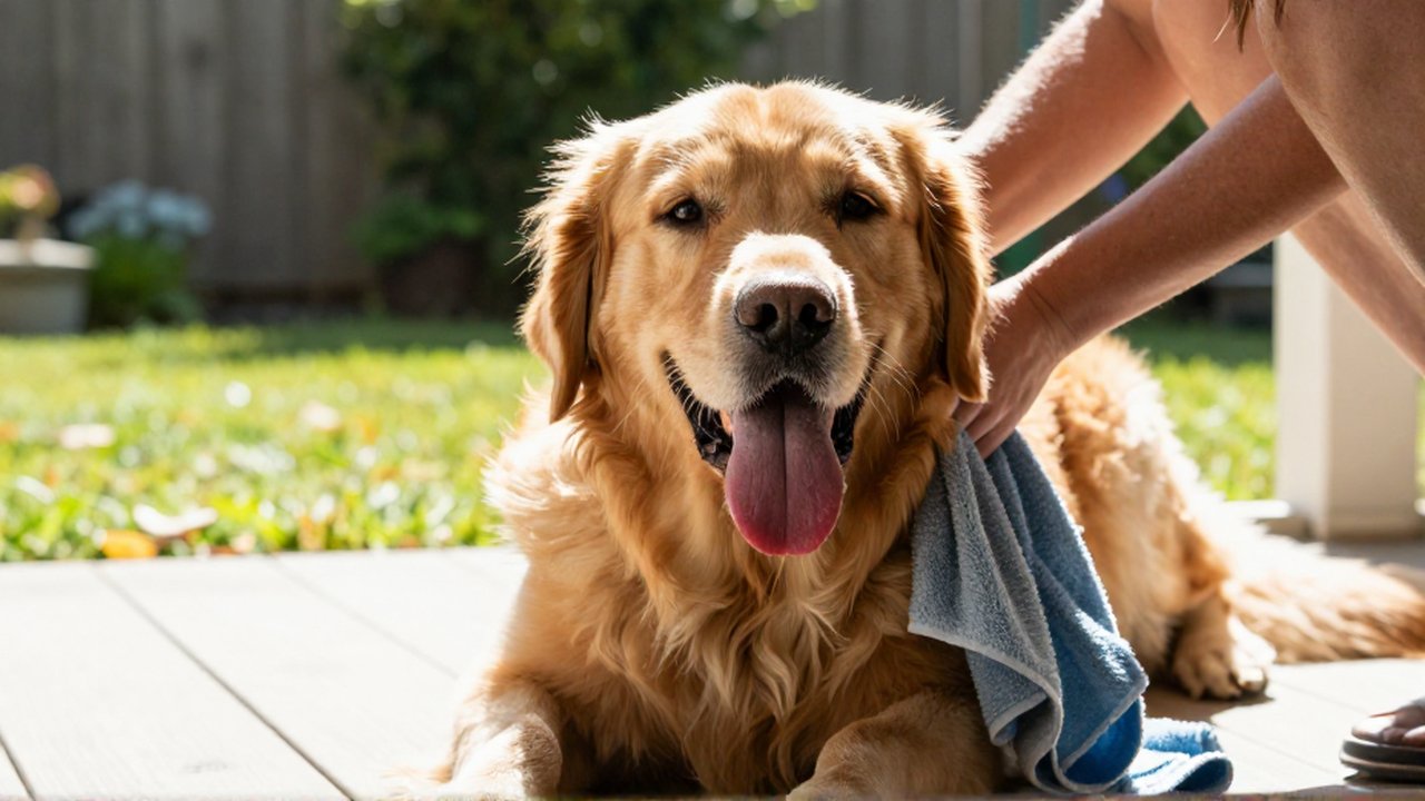 Un Golden Retriever jadea con cansancio mientras una mano le coloca una toalla húmeda en el cuello.