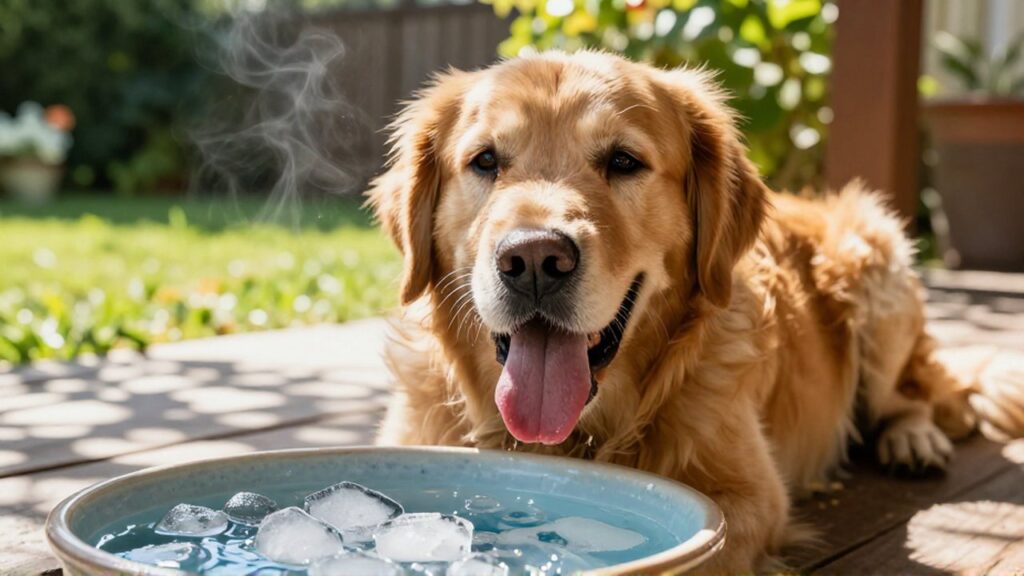 Un Golden Retriever jadea con cansancio junto a un cuenco de agua con hielo bajo el sol.