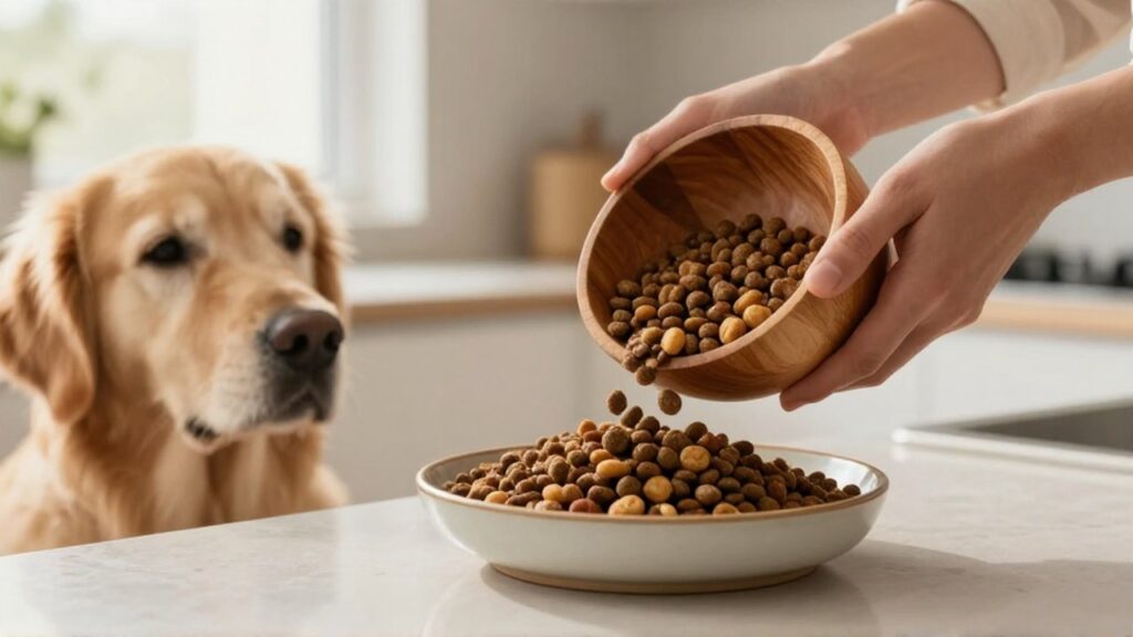 Manos sirven croquetas de alta calidad en un plato mientras un Golden Retriever observa expectante.