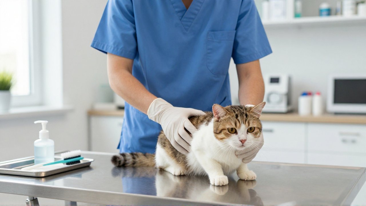Un veterinario con uniforme azul examina cuidadosamente el abdomen de un gato en una clínica moderna.
