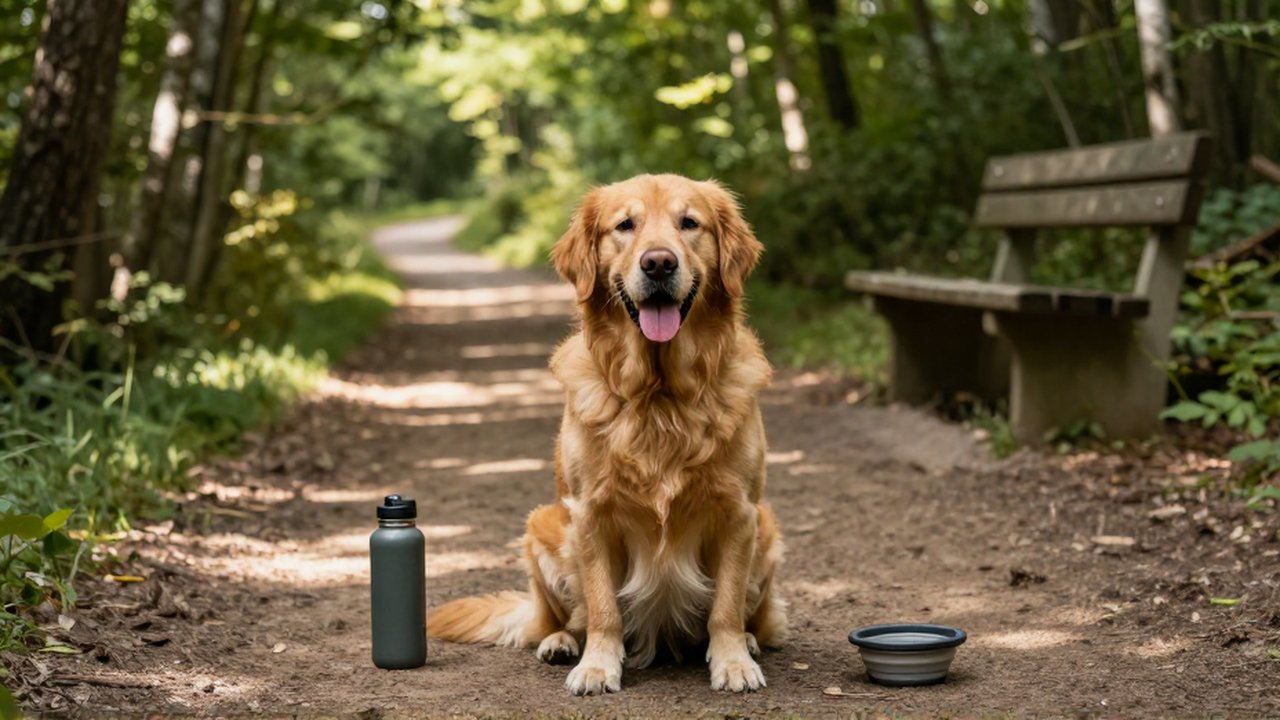 Un Golden Retriever cansado descansa en un sendero boscoso junto a un bebedero portátil.