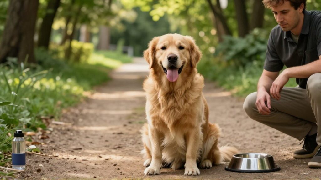 Un Golden Retriever cansado descansa en un sendero de bosque mientras su dueño se arrodilla junto a él.