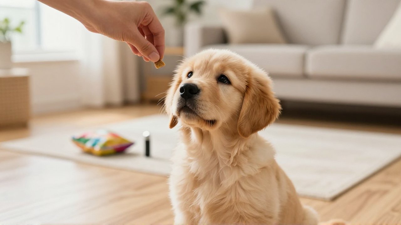 Un cachorro de golden retriever mira con atención un premio sostenido por una mano en una sala luminosa.