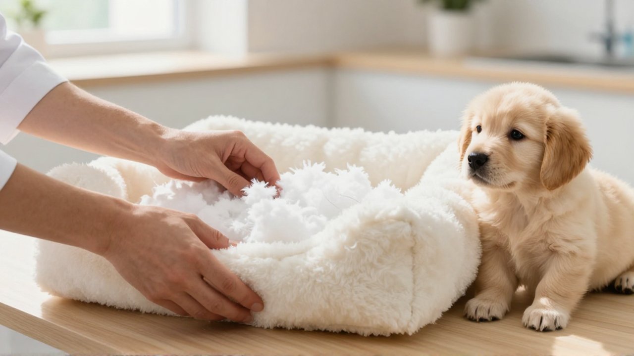 Un veterinario inspecciona la textura de una cama de mascota junto a un cachorro de golden retriever.