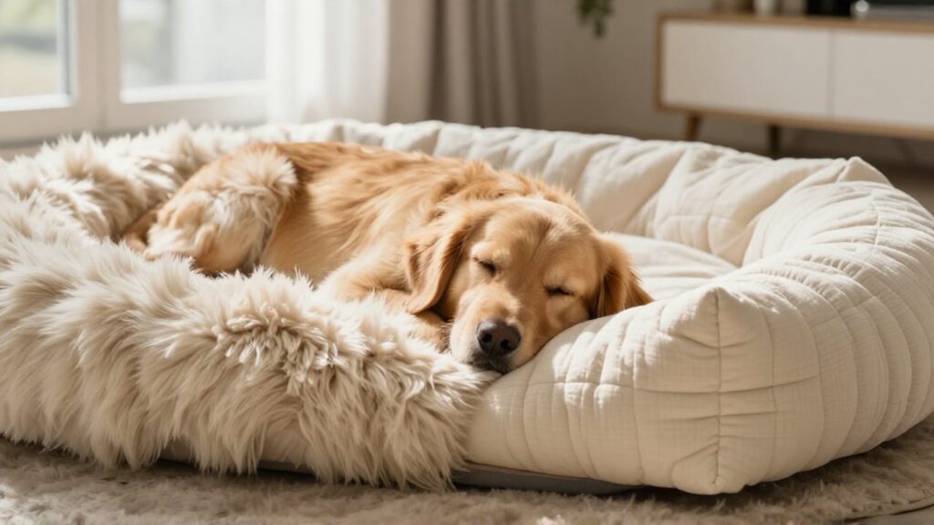 Un golden retriever duerme plácidamente entre una cama de pelo sintético y otra de algodón acolchado.