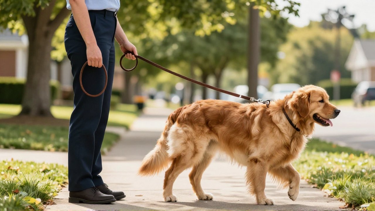 Una persona camina por una acera soleada sujetando con firmeza la correa de un Golden Retriever.