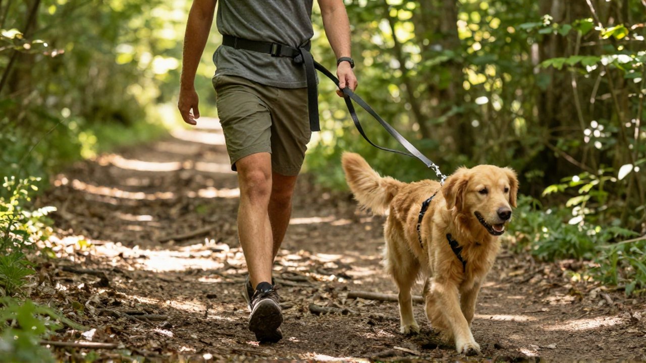 Una persona camina por un sendero boscoso con un Golden Retriever usando un cinturón de paseo manos libres.