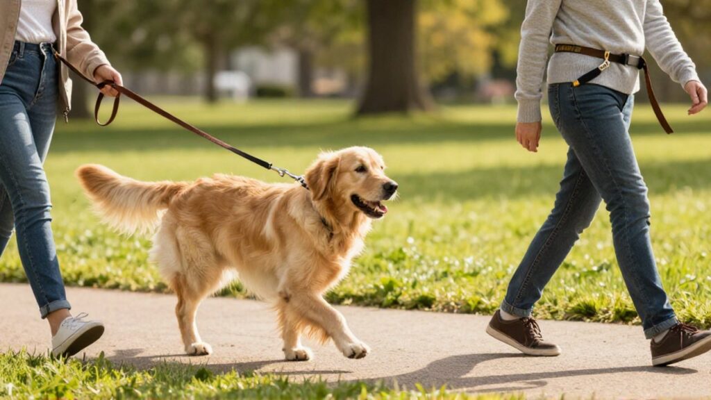 Comparativa de una persona paseando a un Golden Retriever con correa de mano y con correa de cintura.