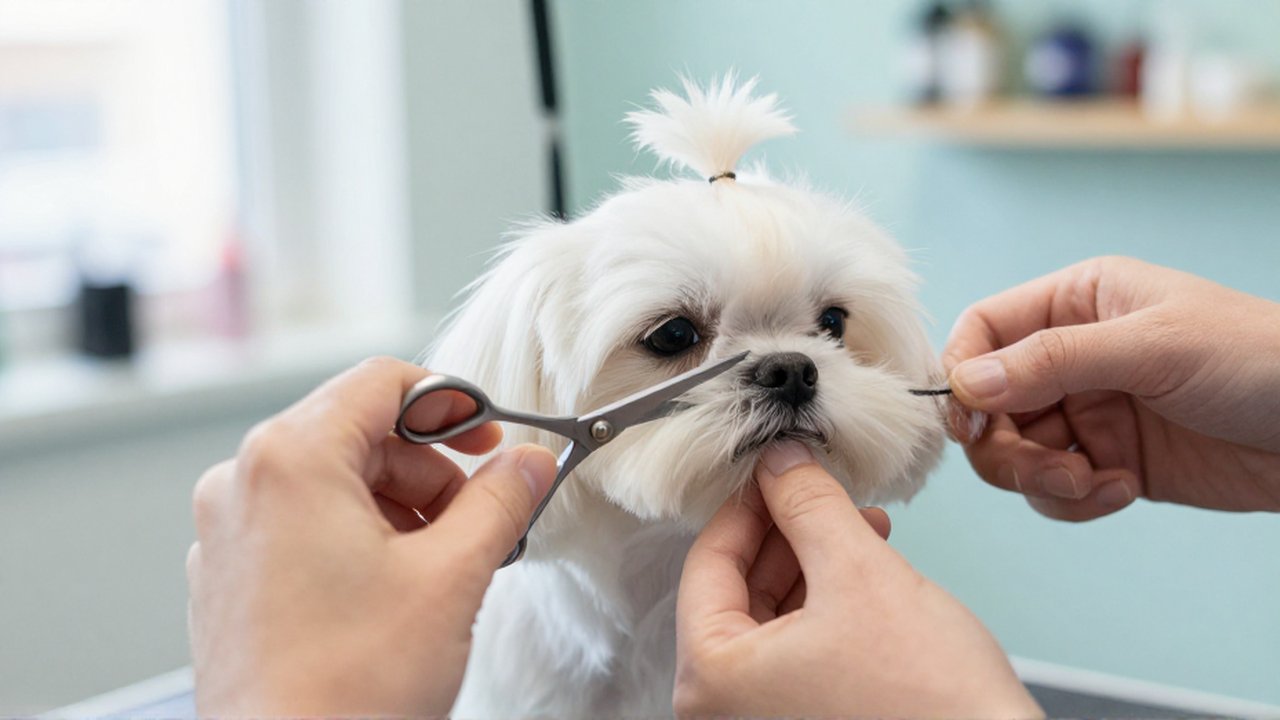Un peluquero profesional recorta con precisión el pelaje facial de un pequeño perro maltés blanco.