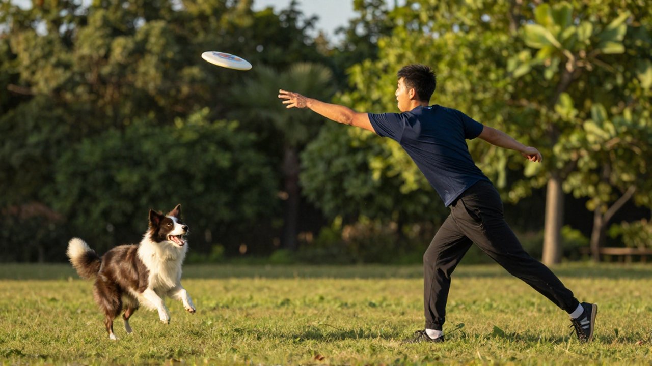 Un joven lanza un frisbee en un parque mientras un Border Collie salta para atraparlo.