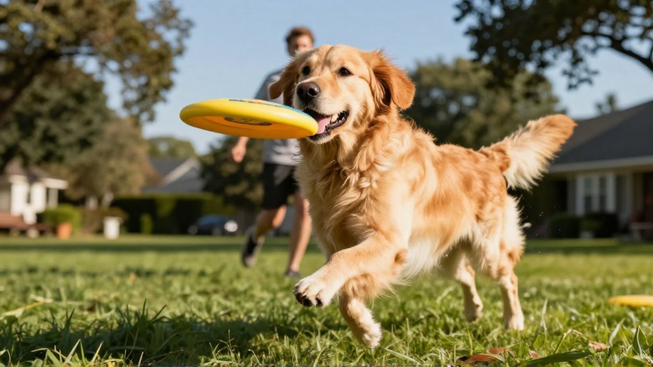 Un Golden Retriever salta con entusiasmo en un parque para atrapar un disco volador.