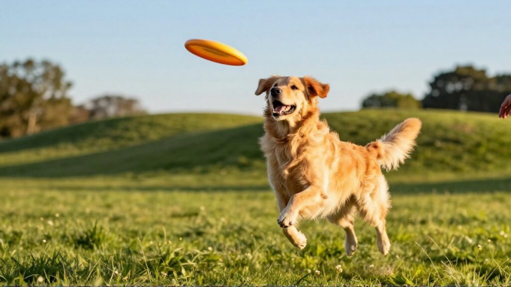 Un Golden Retriever salta en un prado soleado para atrapar un disco volador.