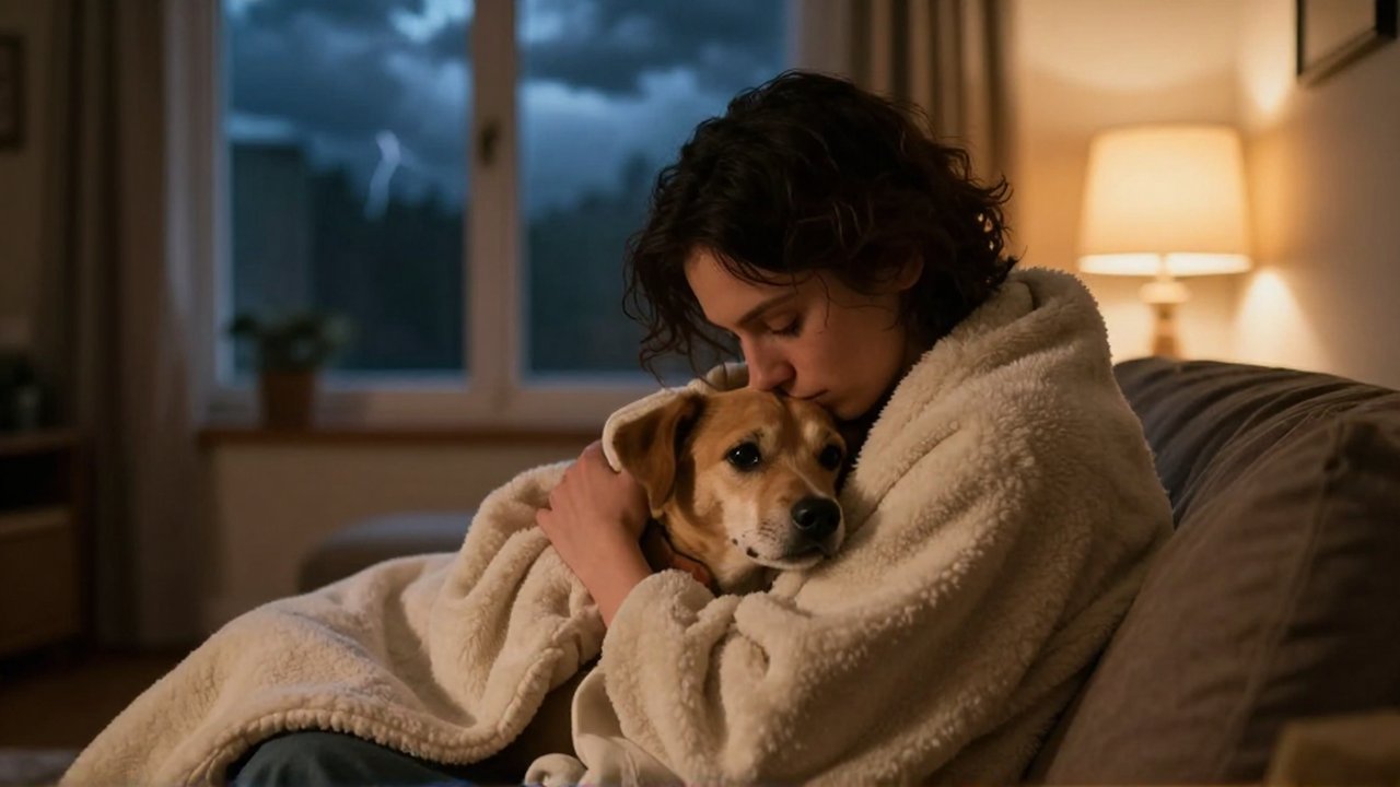 Una persona abraza con calma a un perro pequeño envuelto en una manta dentro de una sala acogedora.