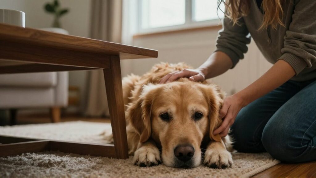 Un perro golden retriever asustado se refugia bajo una mesa mientras su dueño lo calma.