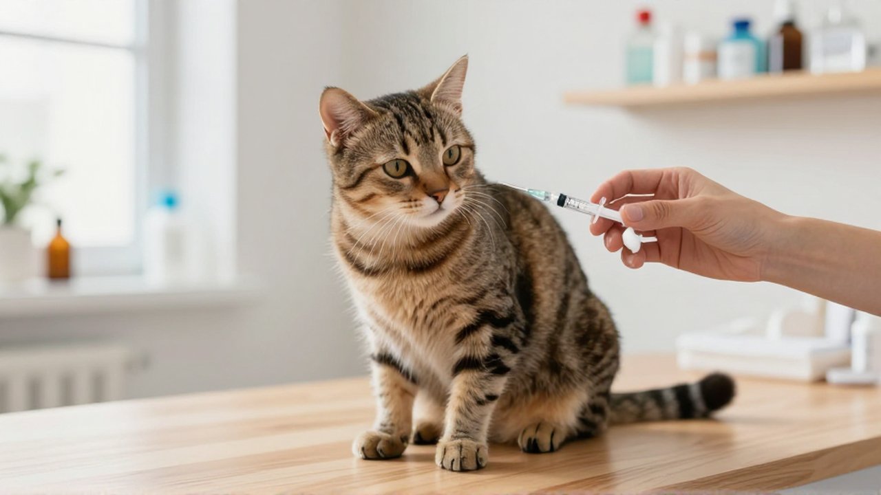 Gato tabby tranquilo en una clínica veterinaria mientras un profesional prepara una vacuna.