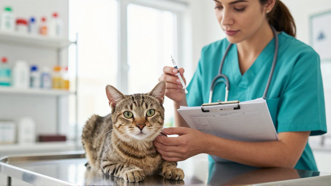 Una veterinaria con uniforme turquesa examina con cuidado a un gato tabby en una clínica moderna.