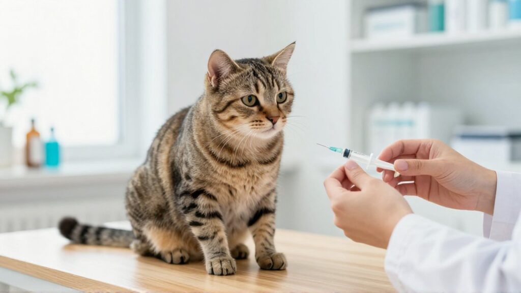 Gato tabby sentado tranquilamente en una mesa de madera mientras un veterinario prepara una jeringa.