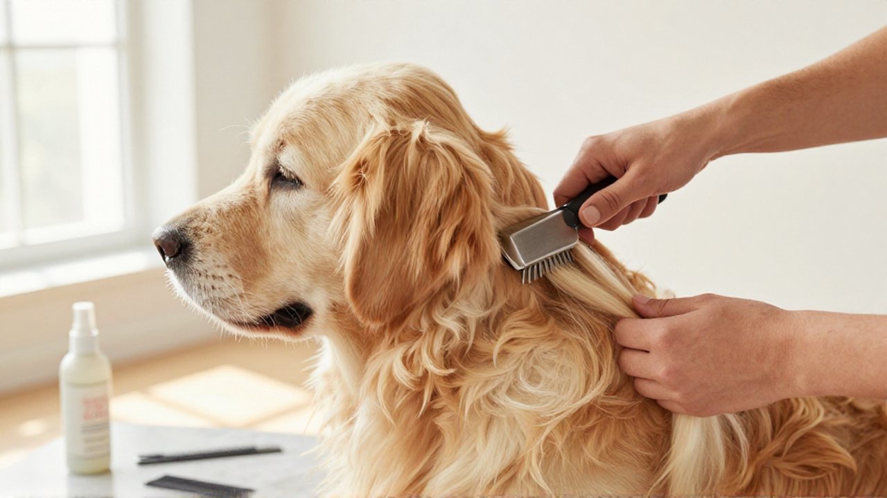 Manos de un profesional cepillando con cuidado el pelaje dorado de un Golden Retriever.