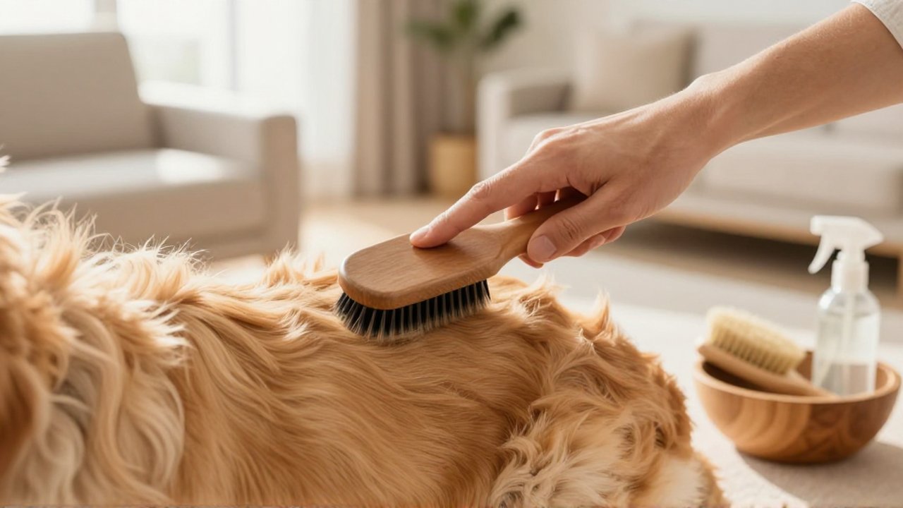 Manos de una persona cepillando cuidadosamente el pelaje de un golden retriever en una sala luminosa.