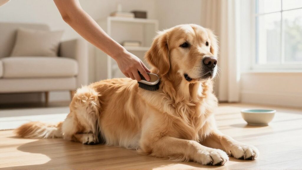 Unas manos cepillan suavemente el pelaje dorado de un Golden Retriever sentado en una sala iluminada.