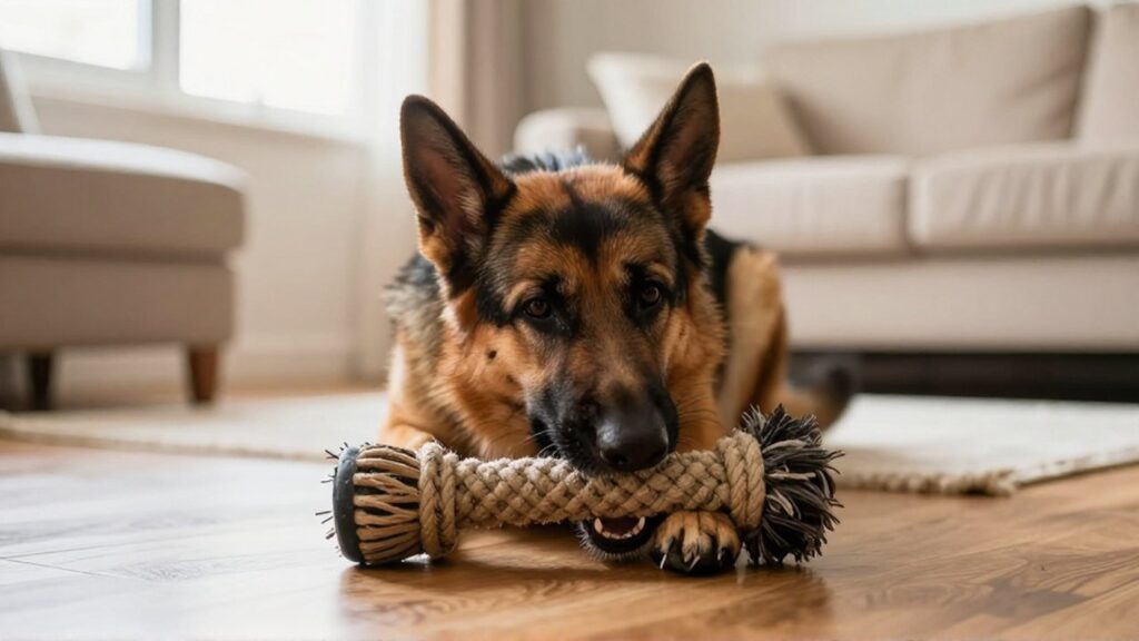 Un perro de raza fuerte mastica intensamente un juguete de goma en una sala luminosa.