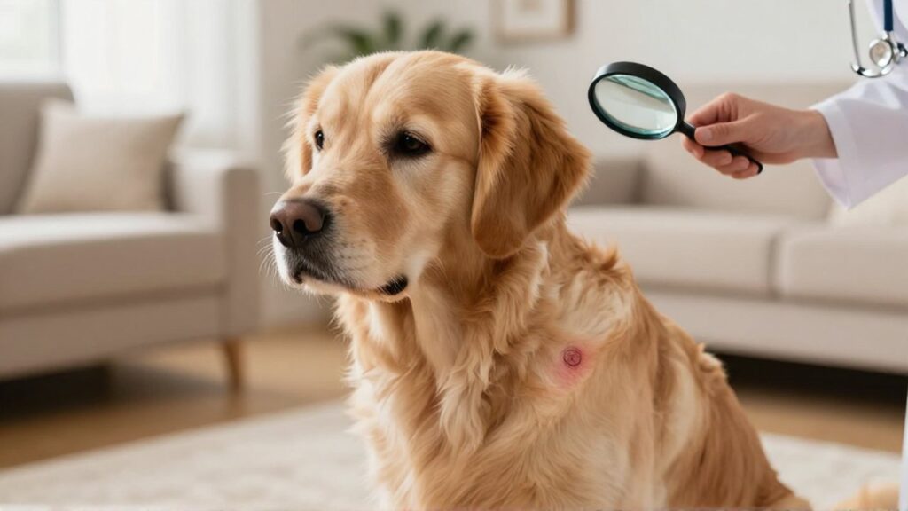 Un golden retriever muestra una zona de piel irritada mientras un profesional veterinario lo examina.