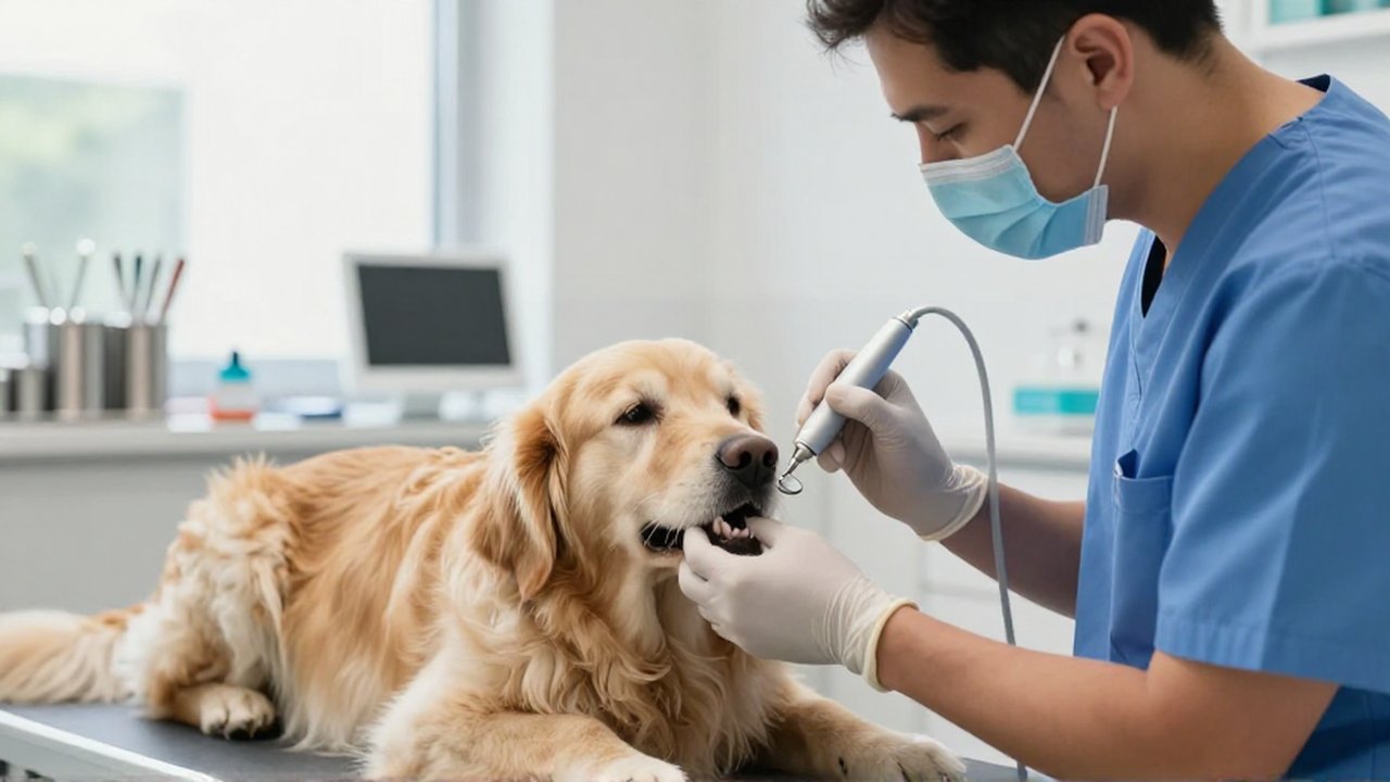 Una técnica veterinaria realiza un examen dental a un Golden Retriever en una clínica moderna.