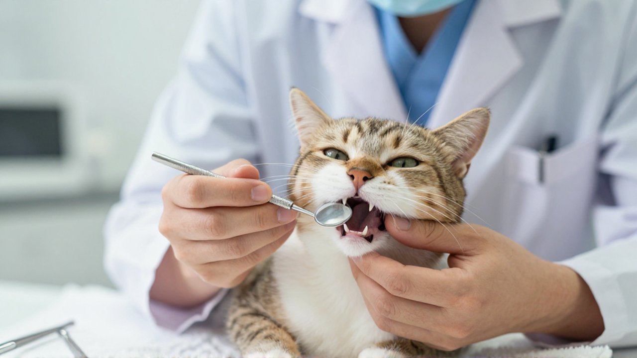 Un veterinario examina con un espejo dental la boca y las encías de un gato.