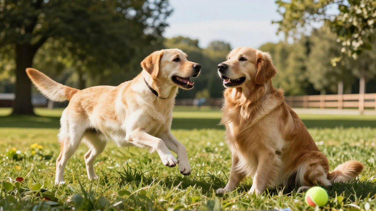 Un labrador salta con alegría junto a un golden retriever sentado en un parque soleado.