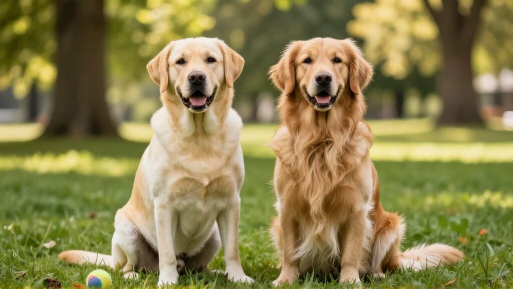 Un labrador amarillo y un golden retriever descansan juntos en un parque soleado con una pelota.