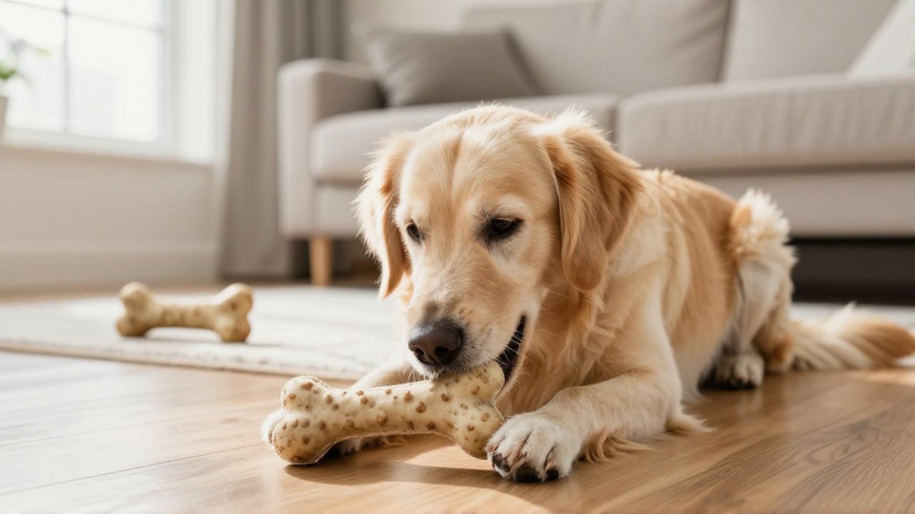 Un Golden Retriever mastica con entusiasmo un hueso sintético texturizado sobre un suelo de madera.