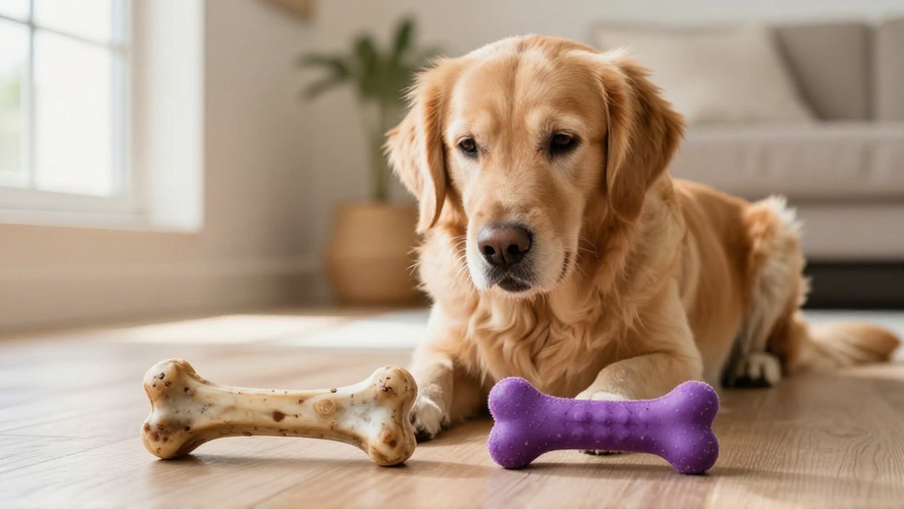 Un Golden Retriever curioso observa un hueso natural de carne y un juguete de nailon en una sala.