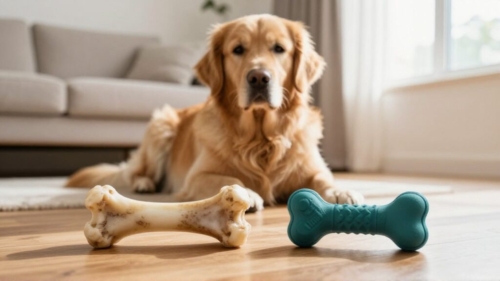 Un golden retriever observa un hueso de carne natural y un juguete de nailon en una sala iluminada.