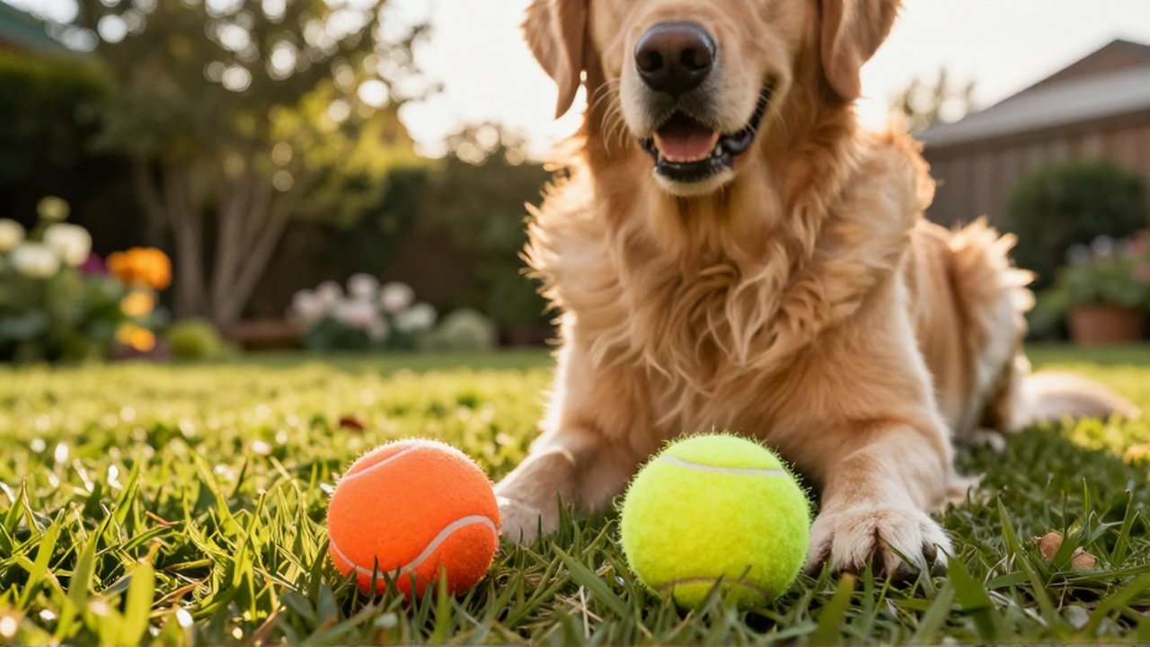 Un Golden Retriever curioso mira una pelota naranja y un tenis amarillo en un jardín soleado.