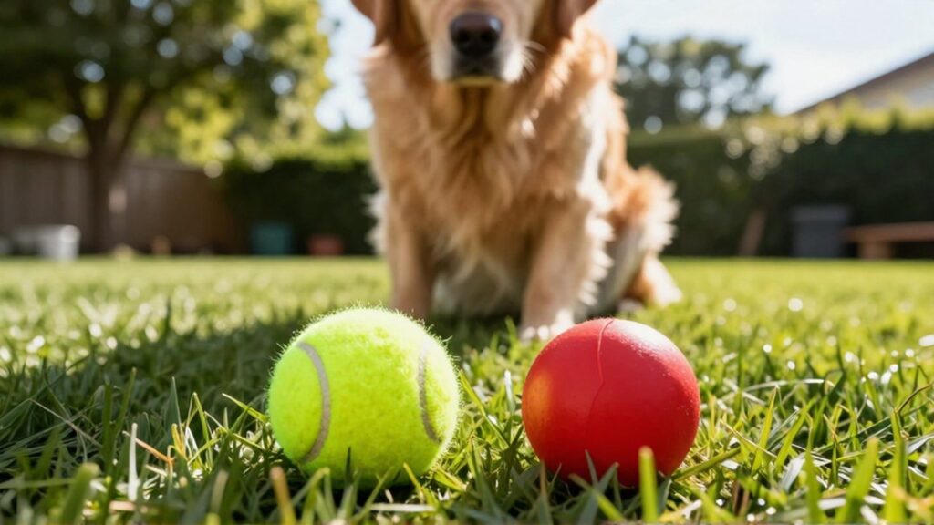 Un golden retriever observa con curiosidad una pelota de tenis amarilla y una pelota roja en un jardín.