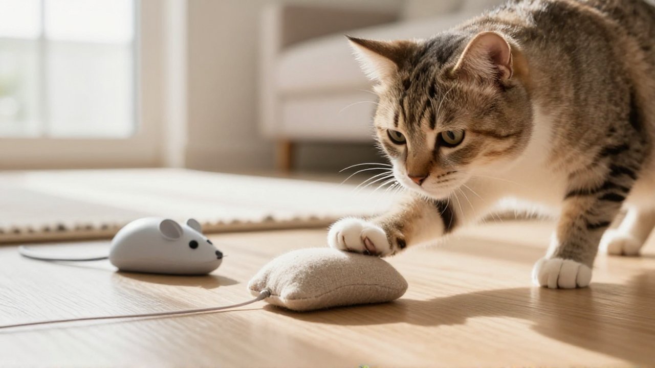 Un gato juega con un ratón de tela sobre un suelo de madera en una sala luminosa.