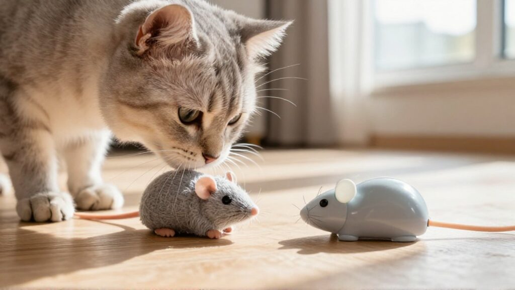 Un gato curioso olfatea un juguete de tela gris y uno de plástico brillante sobre suelo de madera.