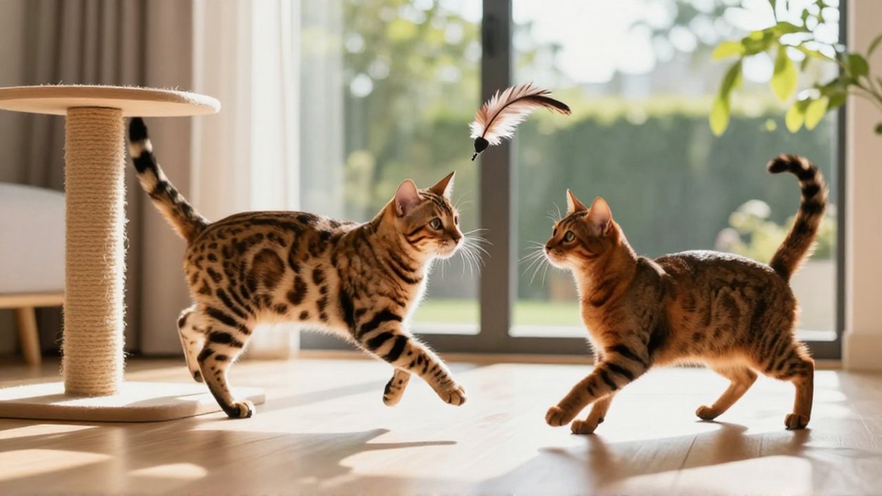 Un gato bengalí y un abisinio juegan juntos en una sala luminosa y moderna.