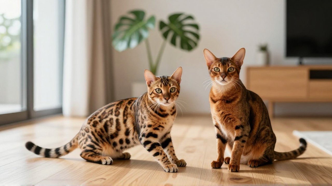 Un gato bengalí estirándose y un abisinio sentados juntos en una luminosa sala moderna.